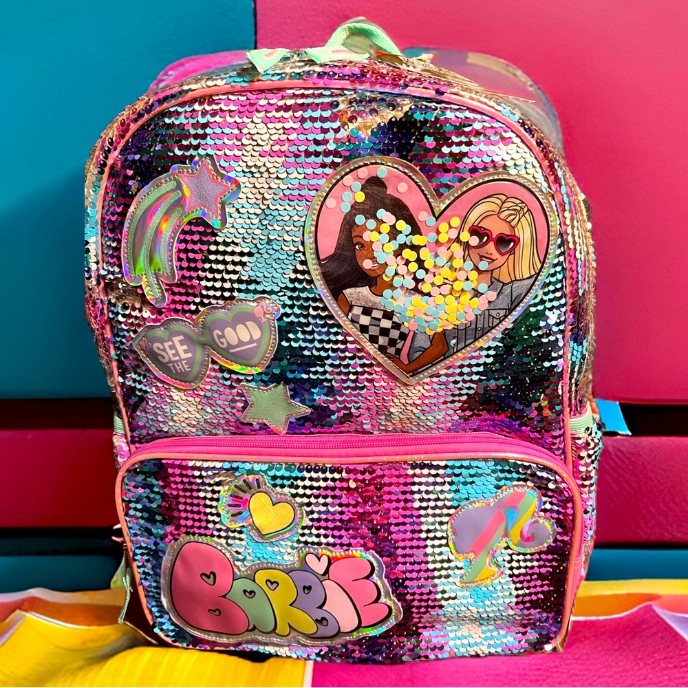 Barbie by Mattel NWT Pink Blue Magic Sequined “Brush Up Brush Down” Backpack